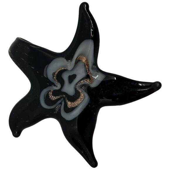 Black Murano-Style Glass Starfish Pendant | Handblown Art Glass Beach Statement - Picture 1 of 7